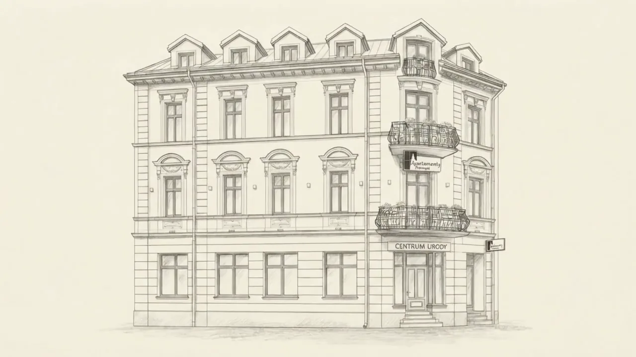 Rysunek kamienicy Apartamentów Przemyśl na rogu ulicy Dworskiego