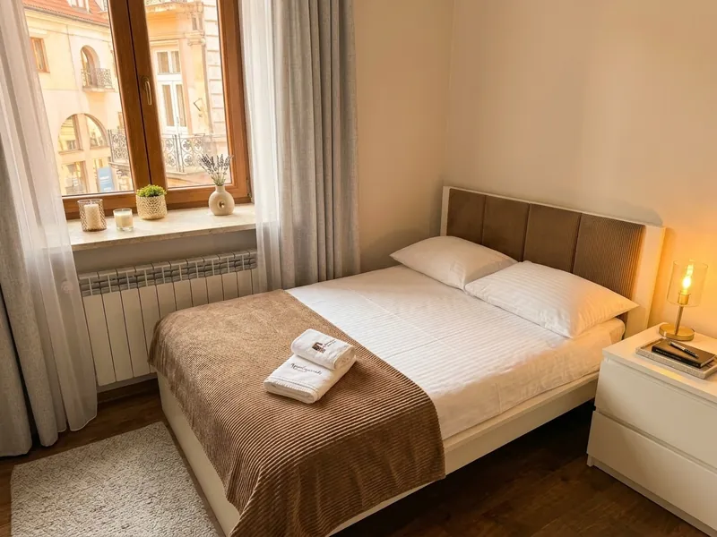 Economy: łóżko przy oknie z widokiem na kamienice